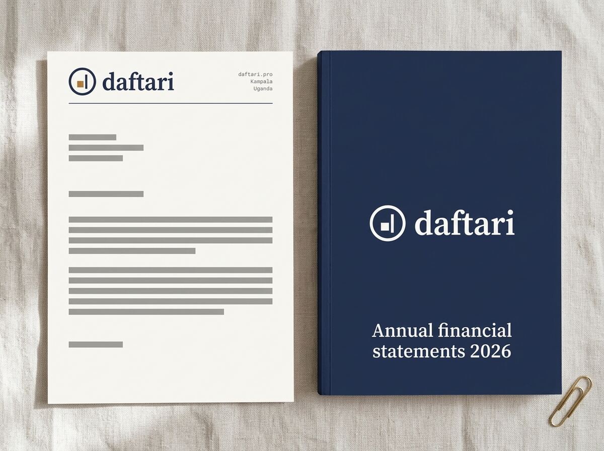 A sheet of Daftari letterhead beside a bound copy of annual financial statements, on linen